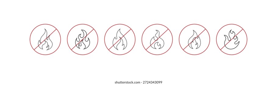 No fire restriction icon set. Stop fire icon. Stop fire sign with flame. Bonfire, No open flame sign. No fire, prohibits open flames, not lighting a Bonfire, or using open flames