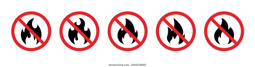 No fire restriction vector icon set. Stop fire vector icon. Stop fire sign with flame. Bonfire silhouette logotype. No fire flame sign symbol.