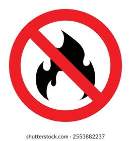 No fire restriction vector icon. Stop fire in the forest vector sign. Stop fire sign with flame. Bonfire silhouette logotype. No fire flame sign symbol. 