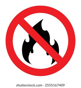 No fire restriction vector icon. Stop fire in the forest vector sign. Stop fire sign with flame. Bonfire silhouette logotype. No fire flame sign symbol. 