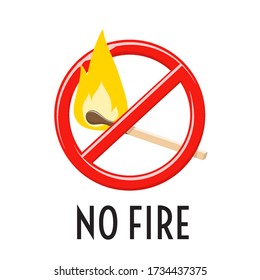 No hay señal de fuego. Símbolo de fuego abierto prohibido, evitar el encendido. Icono de viñeta vectorial con palo de fósforo en el círculo rojo y texto de precaución. Restricción y prohibición de las chispas y el fuego