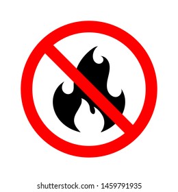 No Fire Sign icon isolated on white background. Black flame in red crossed circle. Simple flame prohibition symbol in flat style. Vector illustration