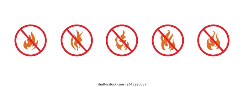 No hay icono de línea de señal de fuego. Icono de prohibición de encendido de llama en contorno y estilo plano sólido.