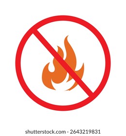 No fire vector sign. Prohibition open flame symbol. Red icon on white background. No bonfire sign. Stop fire. Stop symbol. No camp-fire sign. Don't fire icon. Dangerous fire. Stock vector illustration