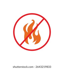 No fire vector sign. Prohibition open flame symbol. Red icon on white background. No bonfire sign. Stop fire. Stop symbol. No camp-fire sign. Don't fire icon. Dangerous fire. Stock vector illustration