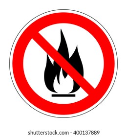 No fire vector sign. Prohibition open flame symbol. Red icon on white background. No bonfire sign. Stop fire. Stop symbol. No camp-fire sign. Don't fire icon. Dangerous fire. Stock vector illustration