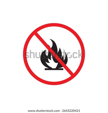 No fire vector sign. Prohibition open flame symbol. Red icon on white background. No bonfire sign. Stop fire. Stop symbol. No camp-fire sign. Don't fire icon. Dangerous fire. Stock vector illustration