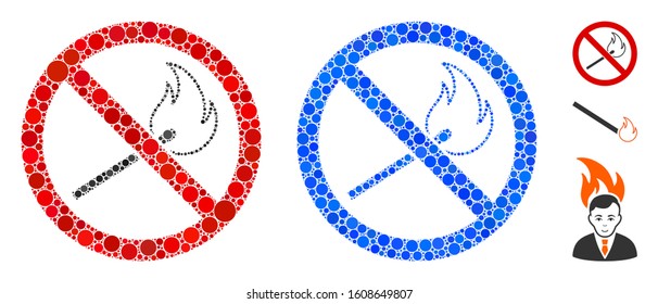 No fired match mosaic of filled circles in variable sizes and color tones, based on no fired match icon. Vector small circles are grouped into blue mosaic.