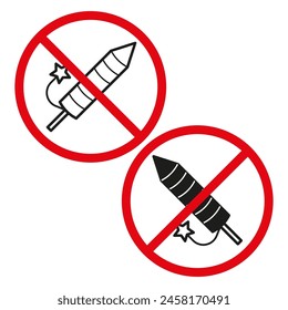 No fireworks allowed signs. Firecracker prohibition symbols. Vector safety warning icons.