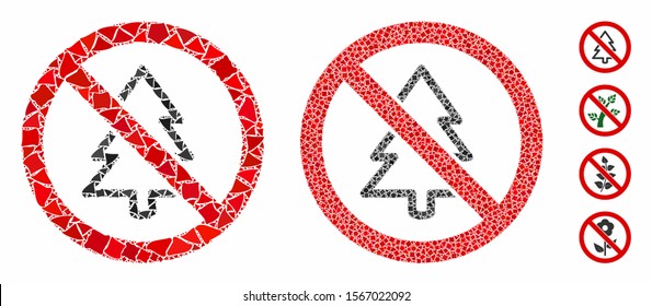 No fir-tree mosaic of rough elements in different sizes and color tones, based on no fir-tree icon. Vector rough dots are combined into collage. No fir-tree icons collage with dotted pattern.