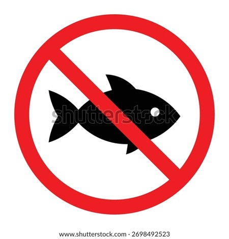 No fish vector icon. Red prohibition circle with diagonal line over black fish silhouette. No fishing warning or restriction sign for safety label design.