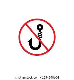 No fishing hook icon vector simple design. no fishing allowed, Forbidden sign with hook sign, No fishing prohibition symbol. Vector isolated. Editable stroke