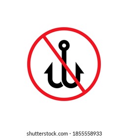 No fishing hook icon vector simple design. no fishing allowed, Forbidden sign with hook sign, No fishing prohibition symbol. Vector isolated. Editable stroke
