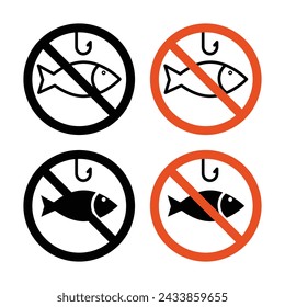 No hay icono de pesca establecido. Símbolo vectorial de agua prohibida de pesca en un estilo negro lleno y perfilado. Señal de prohibición de la pesca acuática.