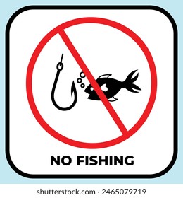 No fishing icon sign illustration with red circle cross isolated on square background. Simple flat cartoon art styled drawing for poster prints.