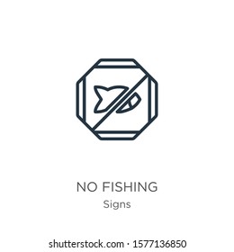 No fishing icon. Thin linear no fishing outline icon isolated on white background from signs collection. Line vector sign, symbol for web and mobile