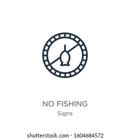 No fishing icon. Thin linear no fishing outline icon isolated on white background from signs collection. Line vector sign, symbol for web and mobile