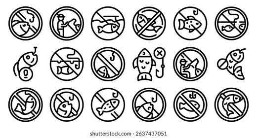 No fishing icons set. Protecting marine life with no fishing signs, promoting responsible fishing practices and conservation efforts