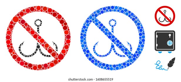 No fishing mosaic of circle elements in variable sizes and color tones, based on no fishing icon. Vector circle elements are organized into blue illustration.