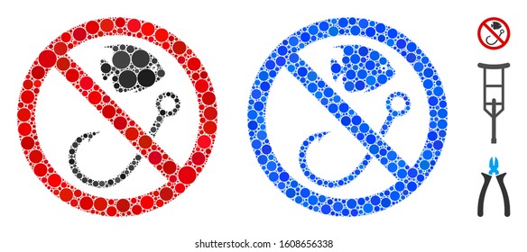 No fishing mosaic of round dots in various sizes and color tints, based on no fishing icon. Vector dots are united into blue collage. Dotted no fishing icon in usual and blue versions.