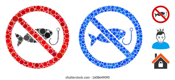No fishing mosaic of small circles in various sizes and color tones, based on no fishing icon. Vector small circles are grouped into blue collage. Dotted no fishing icon in usual and blue versions.