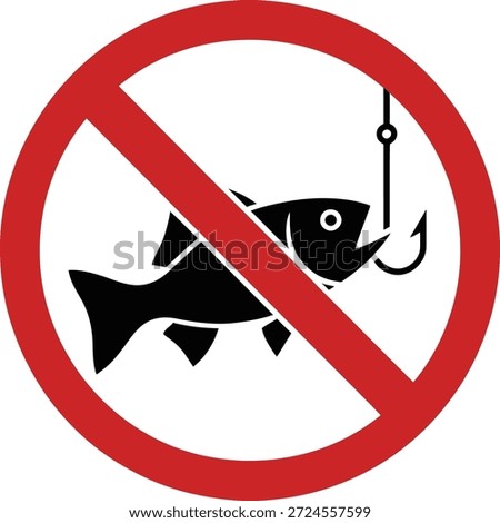 No Fishing Prohibitory Sign Vector Illustration with Fish and Hook Icon in Red Warning Circle