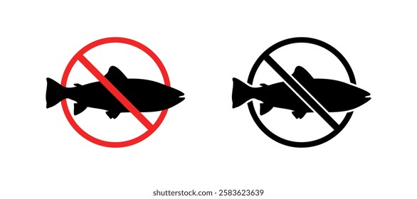 No fishing sign with fish silhouette in red and black circle icons. Vector icon