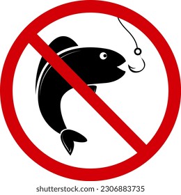 No fishing sign. Forbidding sign, do not fish. Red crossed circle with a silhouette of a fish and a hook inside. Fishing is not allowed. Fishing ban. Round red stop fishing sign.