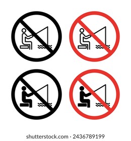No Fishing Sign Icon Set. Forbidden Fishing in river water vector symbol in a black filled and outlined style. Fish Preserve Sign.