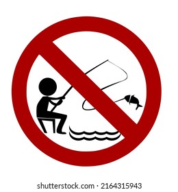 No Fishing Sign.Silhouette Of A Man Fishing In A Red Circle Frame With Red Diagonal Lines Over It.Isolated Vector Illustration On A White Background.