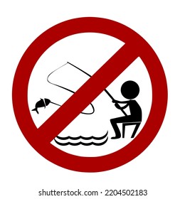 no fishing sign.Silhouette of a man fishing in a red circle frame with red diagonal lines over it.Isolated vector illustration on a white background.