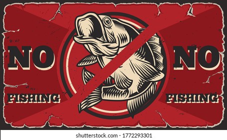 No fishing vintage red template of perch with not allowed sign vector illustration