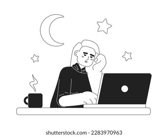 No fixed work hours in freelance work 2D vector monochrome isolated spot illustration. Flat black and white character on cartoon background. Thin line editable scene for mobile, website, magazine