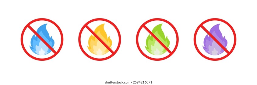 No flames symbols in blue, yellow, green, purple circular icons. Vector icon