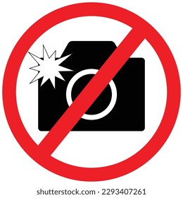 No flash light camera allowed sign, no photographing or photography, prohibition sign in red color vector symbol. Crossed out circle illustration, no taking pictures or video graphic design isolated.