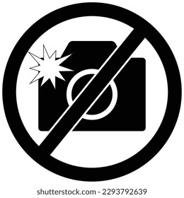 No se permite la señal de ninguna cámara de luz flash, ni la fotografía, ni la señal de prohibición en el símbolo vector de color negro. Ilustración de círculo cruzada, sin tomar fotos de diseño gráfico aislado.