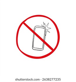 No flash photography prohibition sign black and white drawing. Red crossed circle with smartphone and flash icon vector illustration. Prohibitory sign for museums, theaters and dark environment