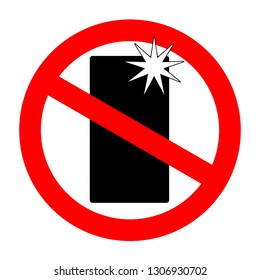 No flash photography sign for exhibition, museum. Vector illustration on the white background. warning label. Stop red prohibition circle, sign, Icon. for private places. Camera flash is not allowed.