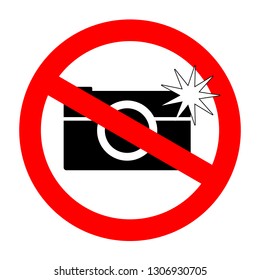 No Flash Photography Sign For Exhibition, Museum. Vector Illustration On The White Background. Warning Label. Stop Red Prohibition Circle, Sign, Icon. For Private Places. Camera Flash Is Not Allowed.