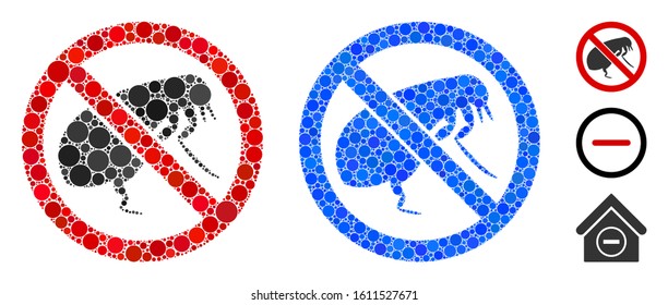 No flea composition of circle elements in variable sizes and color hues, based on no flea icon. Vector circle elements are grouped into blue collage. Dotted no flea icon in usual and blue versions.
