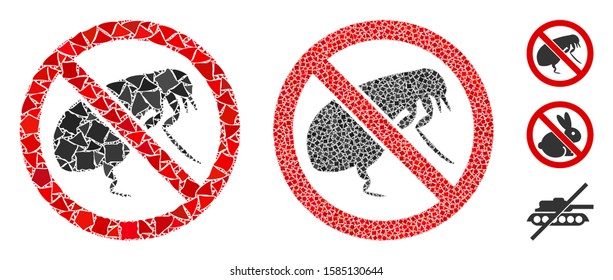 No flea icon composition of ragged items in different sizes and color tints, based on no flea icon. Vector trembly items are united into composition. No flea icons collage with dotted pattern.