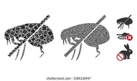 No fleas icon mosaic of bumpy items in different sizes and color tinges, based on no fleas icon. Vector irregular items are united into collage. No fleas icons collage with dotted pattern.