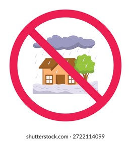 Icono de área sin inundación, ícono de zona sin entrada de inundación, ícono de área inundada prohibida, ícono de área inundada prohibido, ícono de inundación, Ilustración vectorial