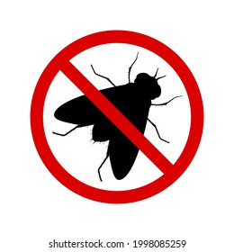 No fly with ban sign. Anti fly pest control ban, prohibition parasitic insects silhouette vector. Stop fly insects vector icon, symbol