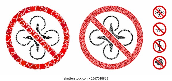 No fly drone composition of joggly parts in variable sizes and color tones, based on no fly drone icon. Vector raggy parts are united into composition. No fly drone icons collage with dotted pattern.