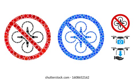No fly drone mosaic of round dots in variable sizes and shades, based on no fly drone icon. Vector round dots are combined into blue mosaic. Dotted no fly drone icon in usual and blue versions.