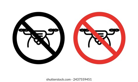 No fly drones sign icon set. Ban on drone flying in no-fly zones vector symbol in a black filled and outlined style. Drone operation prohibition for safety and privacy sign.