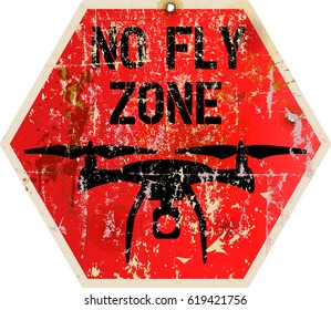 no fly zone for drones, grungy prohibition sign, vector