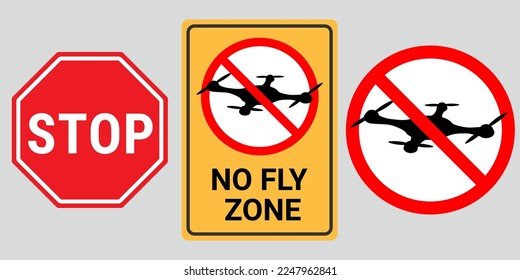 No fly zone. Vector sign prohibiting flights and filming in the specified area. Crossed-out quadcopter in a red circle. 