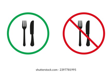 No Se Permite Comida, La Cena Prohíbe Símbolos. Señales de advertencia de Cuchillas y horquillas. Comer En El Restaurante Silhouette Icons Set. Ilustración de vectores aislados.